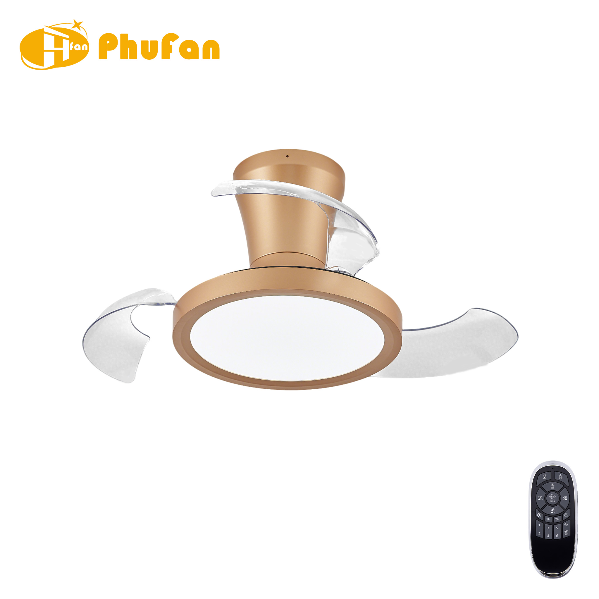 Gold flush-mount fan light with three transparent retractable blades and a round LED panel, pictured beside its remote.