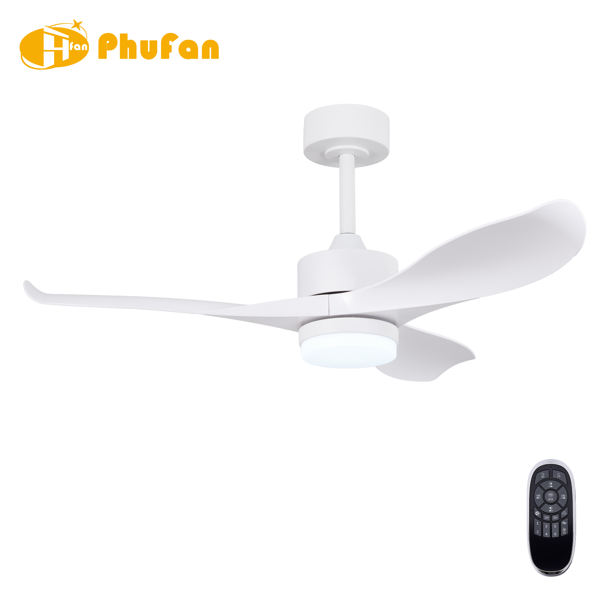 Compact white ceiling fan with light, three white ABS blades and a matching downrod beside a remote.