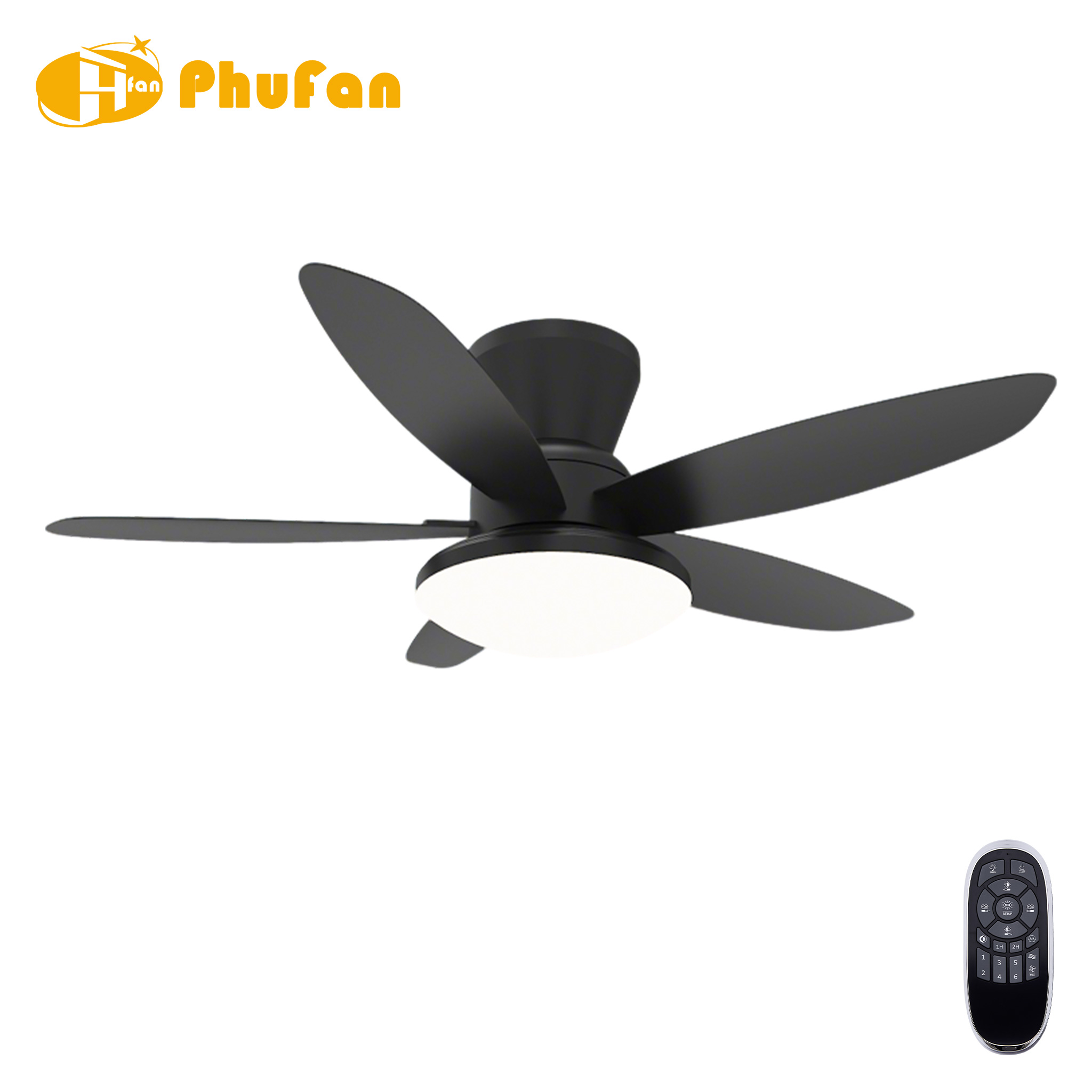Hugger black ceiling fan with light, five black blades surrounding a wide white diffuser.