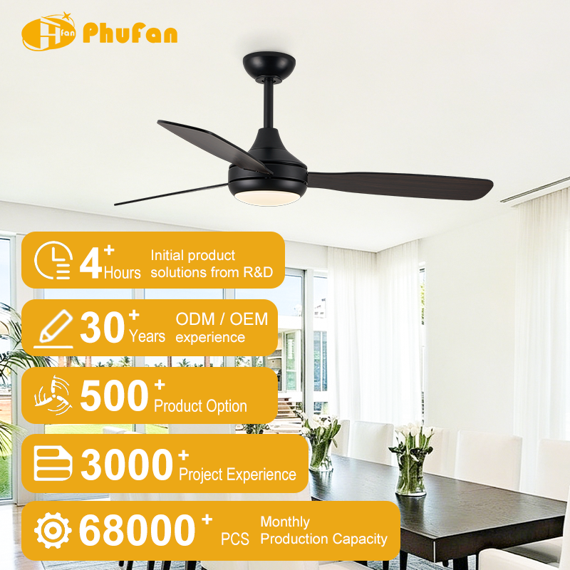 Compact wood blade ceiling fan with light in a black finish, pictured above a dining area.