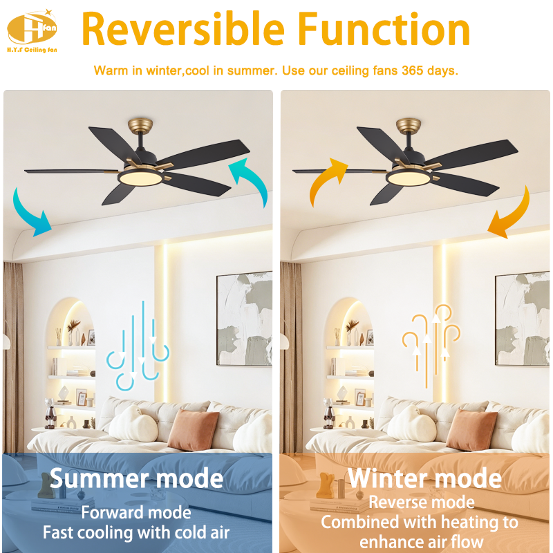 Black and brass five-blade fan light in a diagram comparing summer and winter airflow.