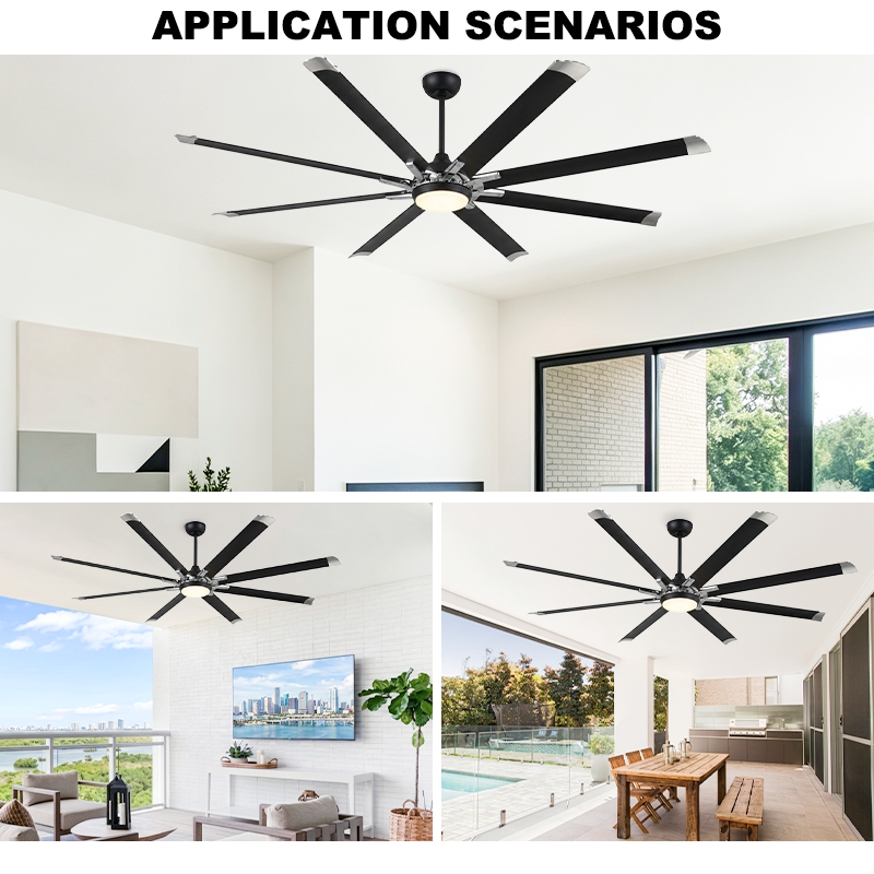 Large Industrial Ceiling Fan with Light - 8 Blades with Silver Tips