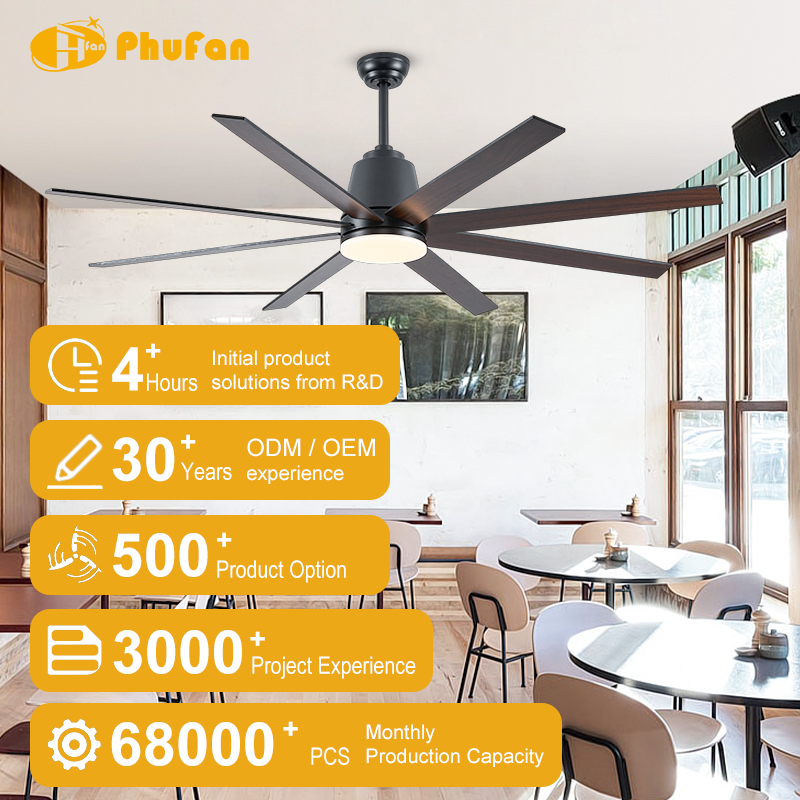 Large ceiling fan with light for dining area, eight dark blades pictured above tables in an interior illustration.