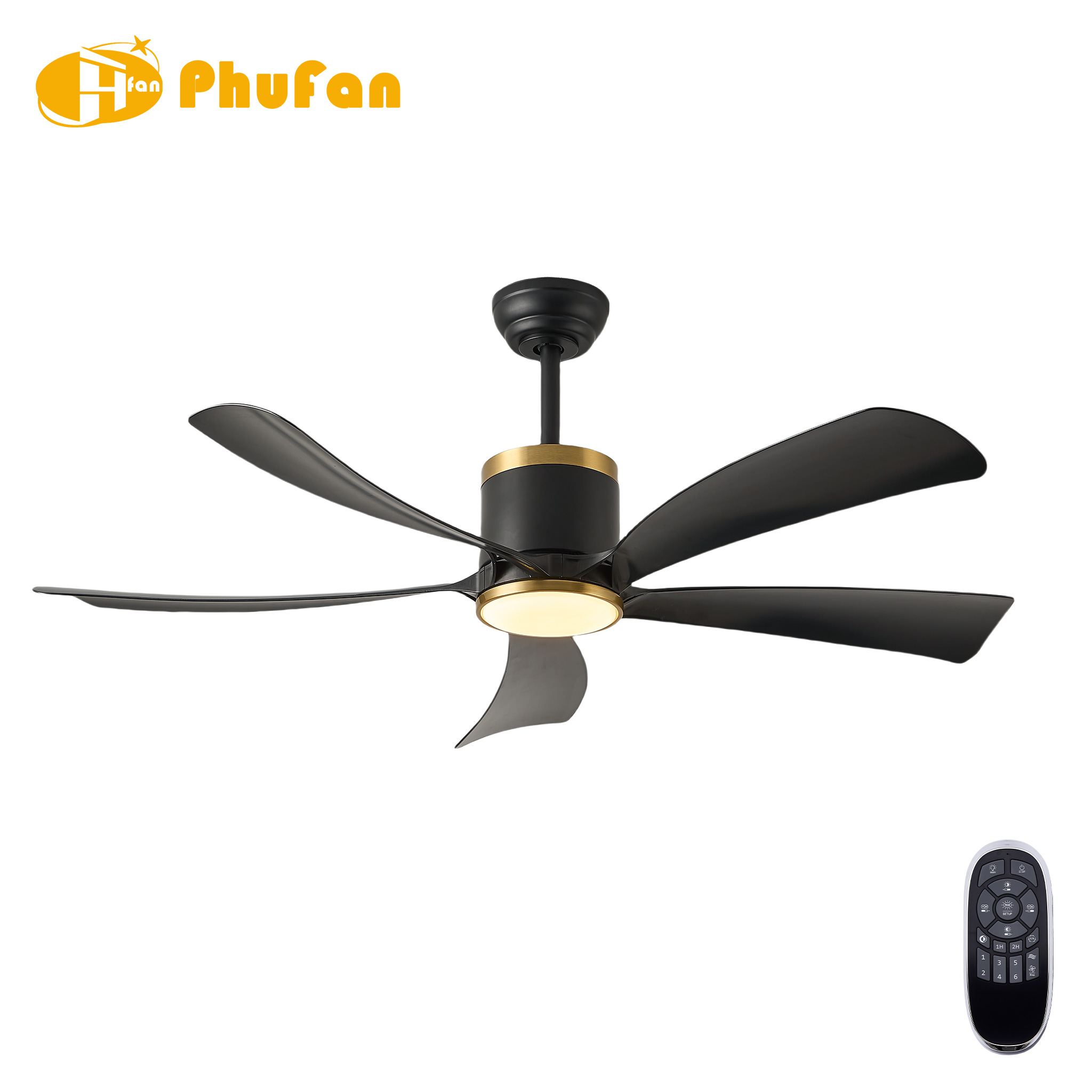 Five curved black ABS blades on a fan light with gold rings around the motor and diffuser, pictured beside a remote.