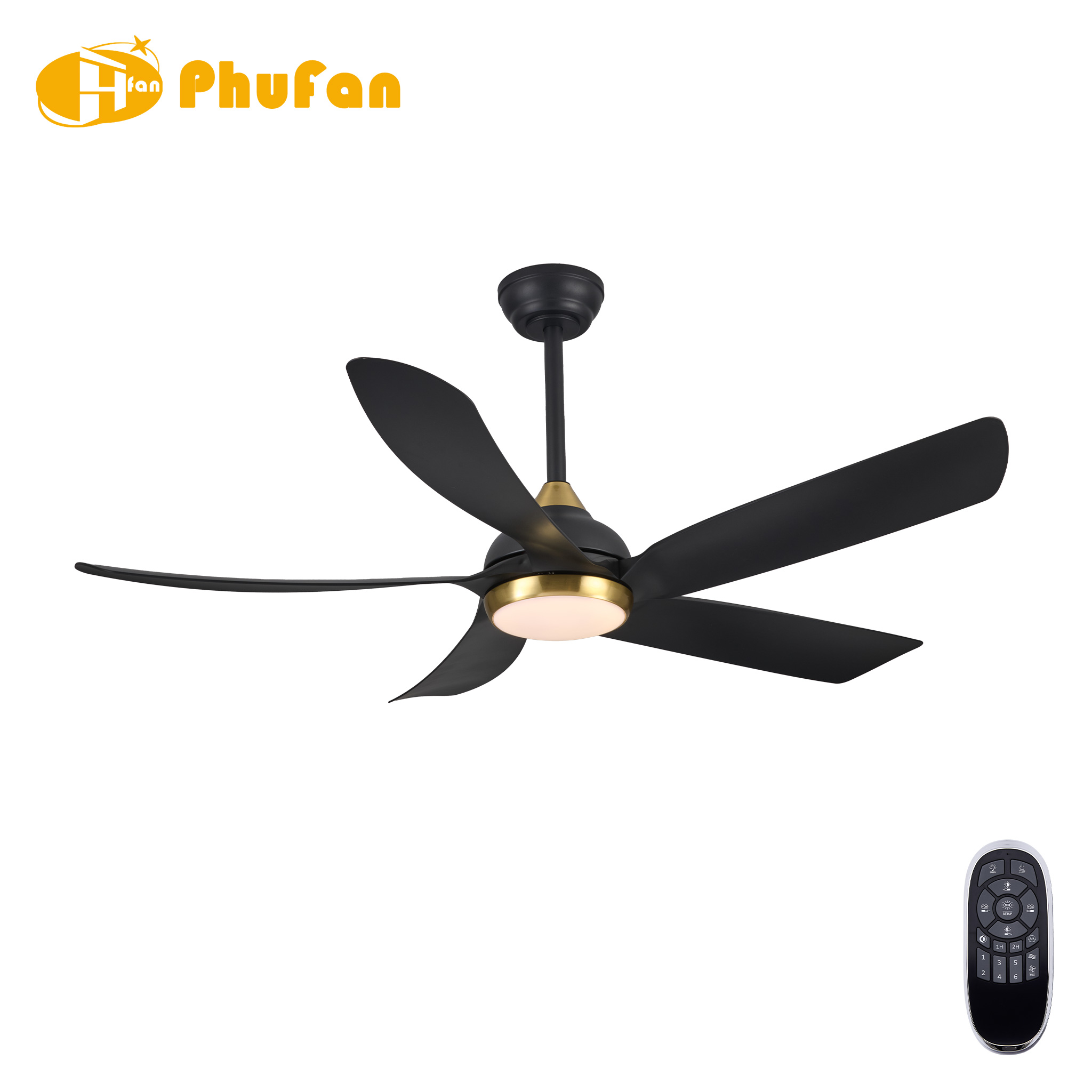 Black fan light with five curved ABS blades and a gold collar accent, shown beside a handheld remote.