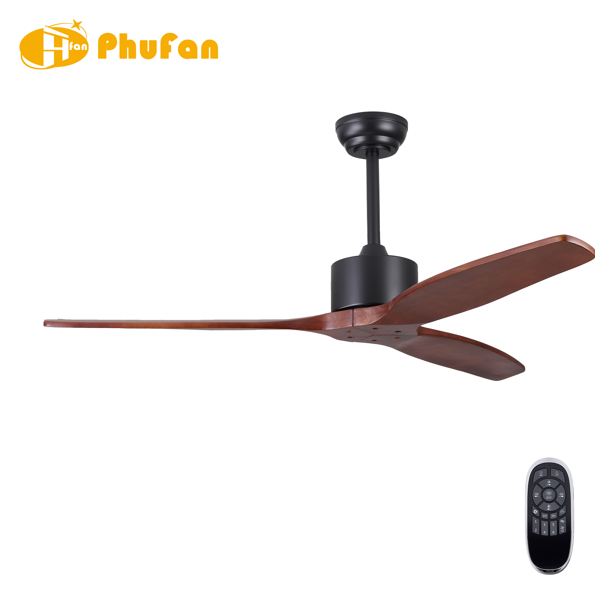 Black ceiling fan without a light, with three curved solid-wood blades, a matching downrod and handheld remote.