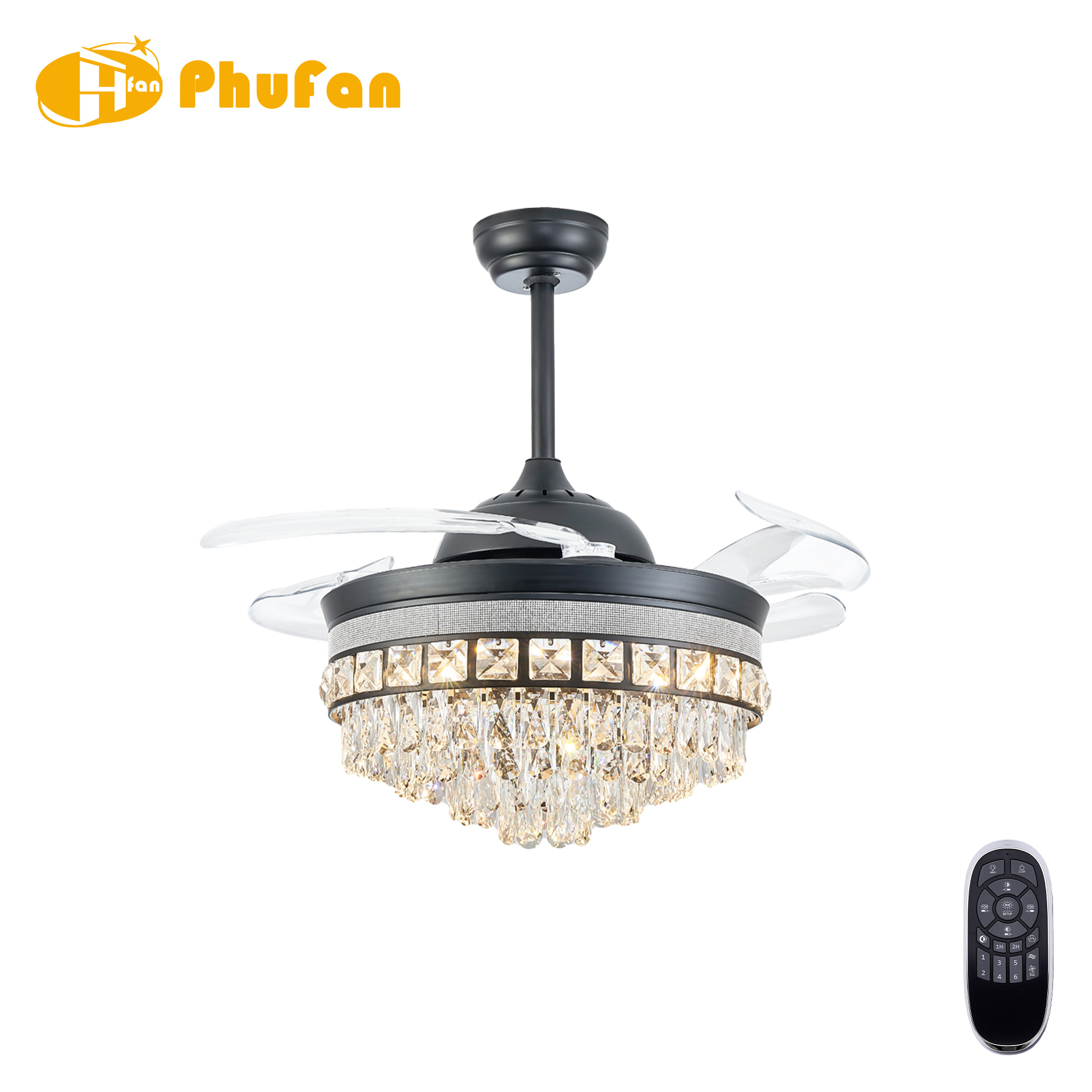 Premium Crystal Fan Lamp with Remote Dimmable for Villa Bedroom