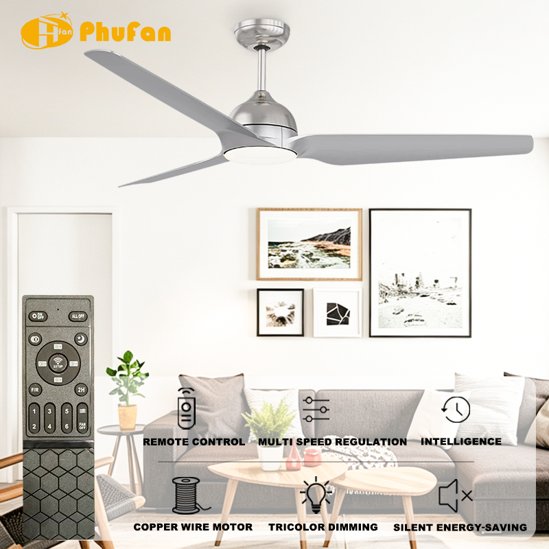 Silver Ceiling Fan with Light and Remote - 3 Long ABS Blades
