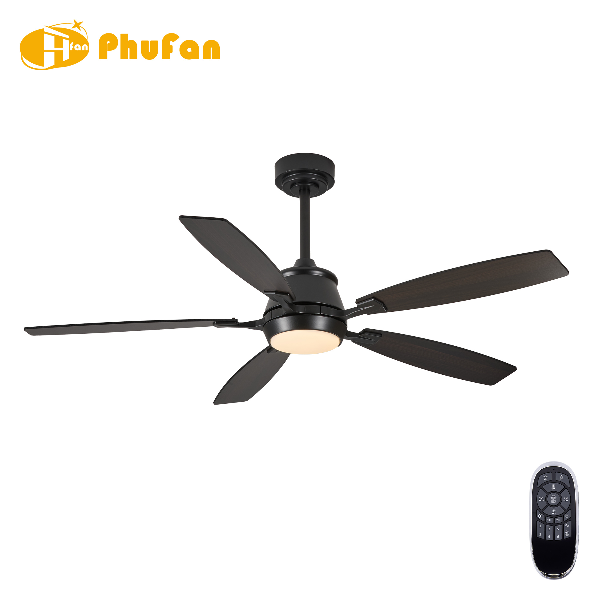 Five-blade black plywood fan with an integrated round light and downrod, beside a handheld remote.