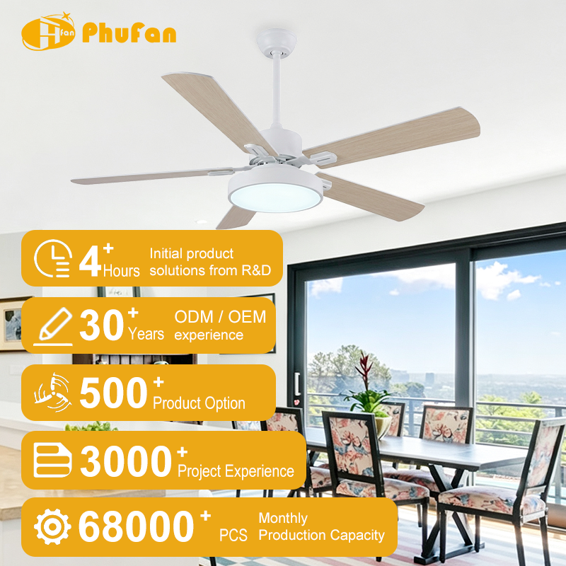 Scandinavian ceiling fan with light for kitchen, white housing and pale wood-grain blades in a dining-kitchen illustration.
