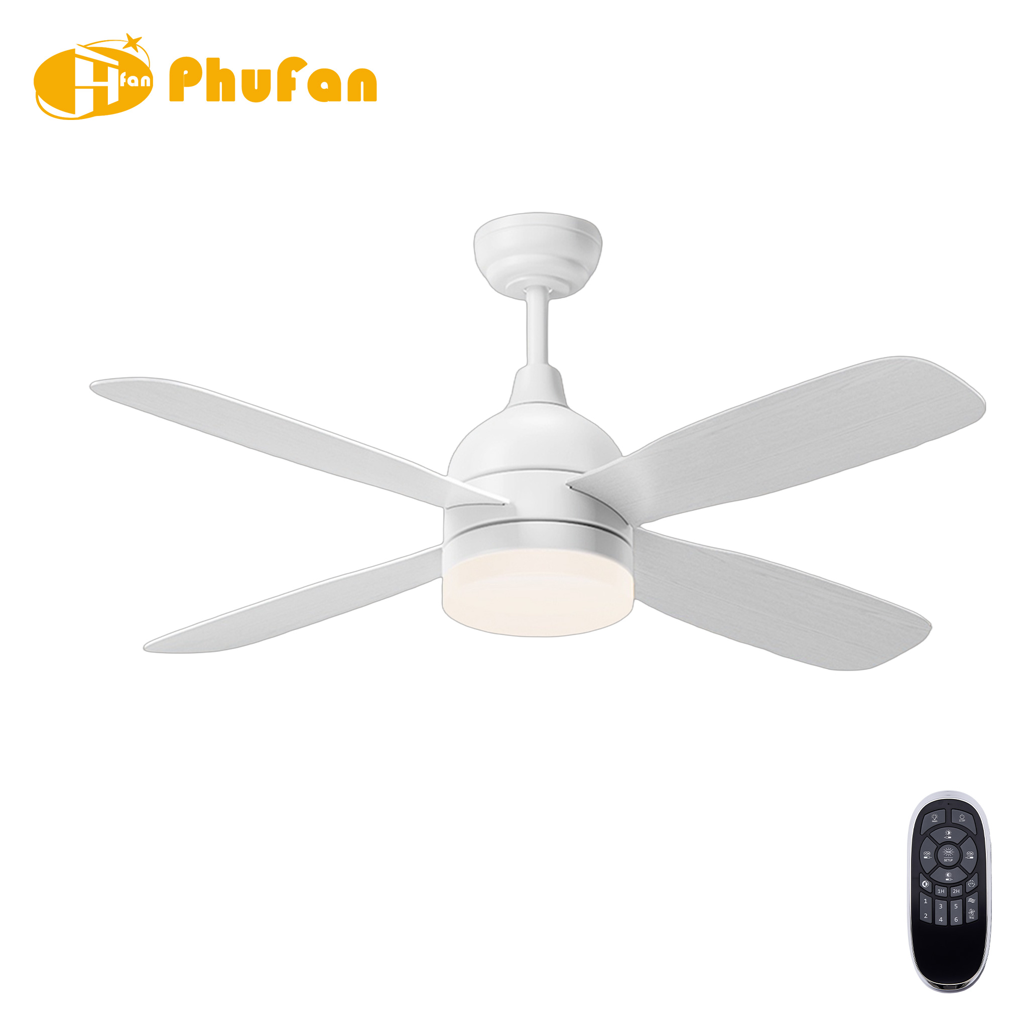 All-white four-blade plywood fan light viewed from below, showing the broad curved blades and cylindrical diffuser.