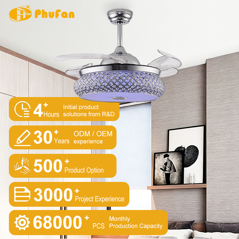 Diamond Crystal Mesh RGB Retractable Fan Light Fixture for Bedroom