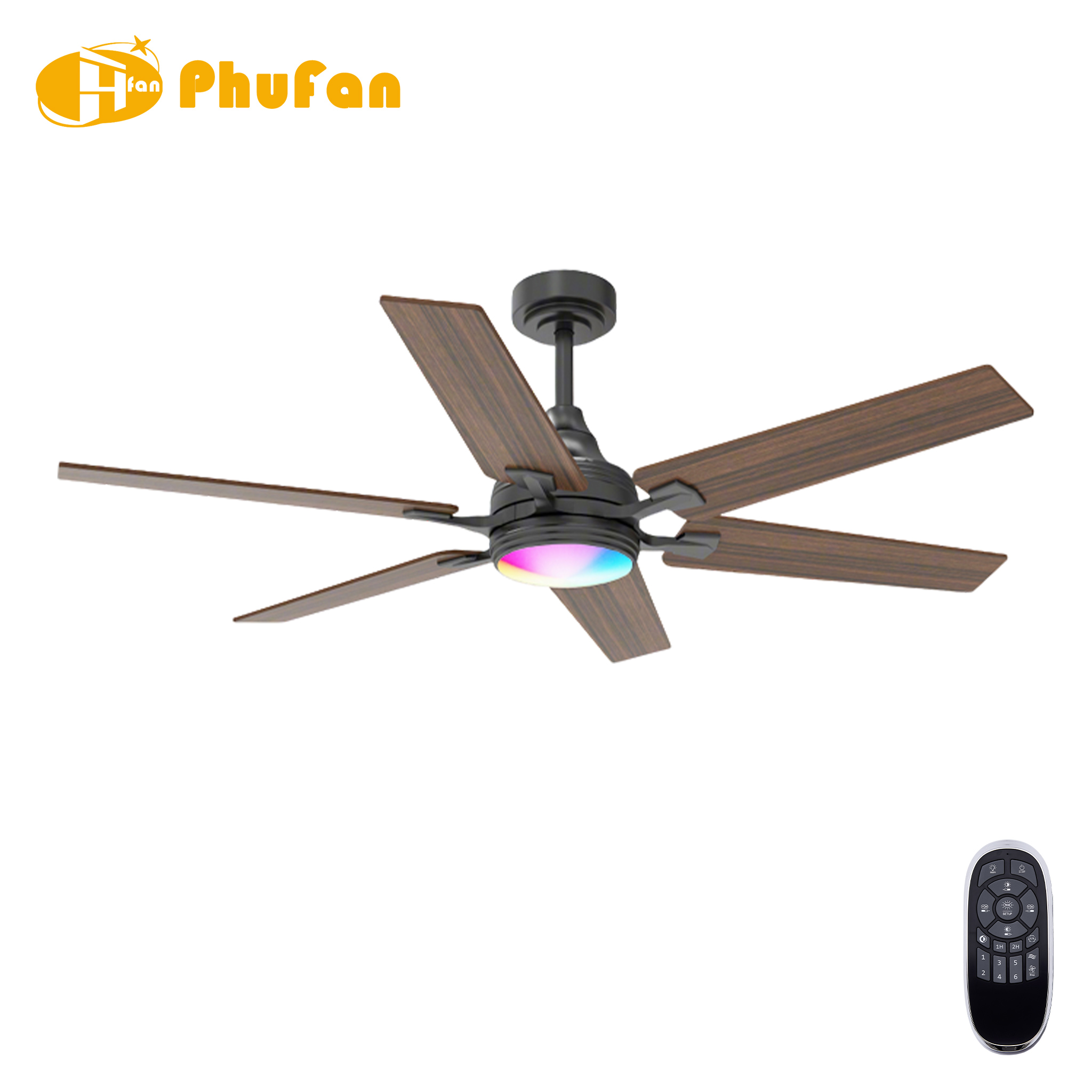 Five wood-grain blades on a black ceiling fan with a multicolor LED panel, shown beside its remote.
