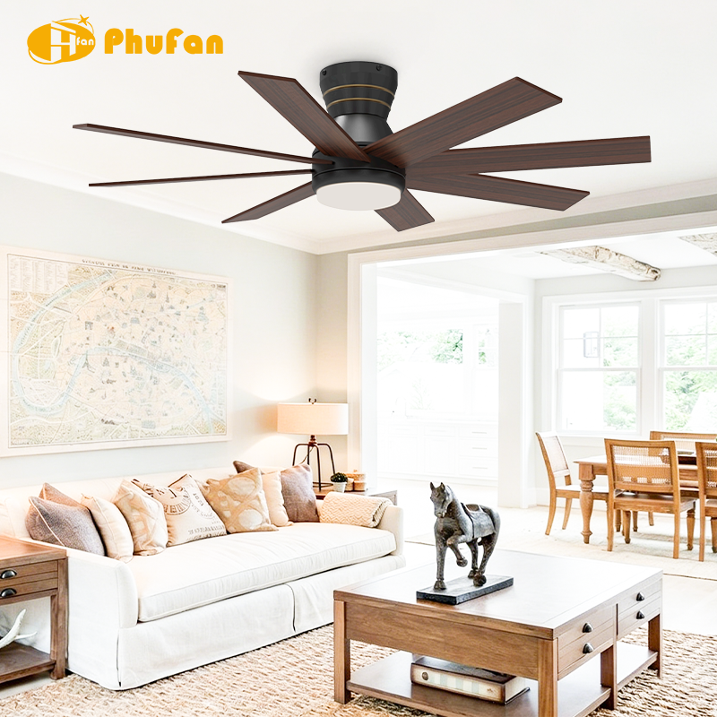 Thumbnail: 8 Blade Flush Mount Ceiling Fan Light Large Airflow Low Profile Hugger Fan Lamp 