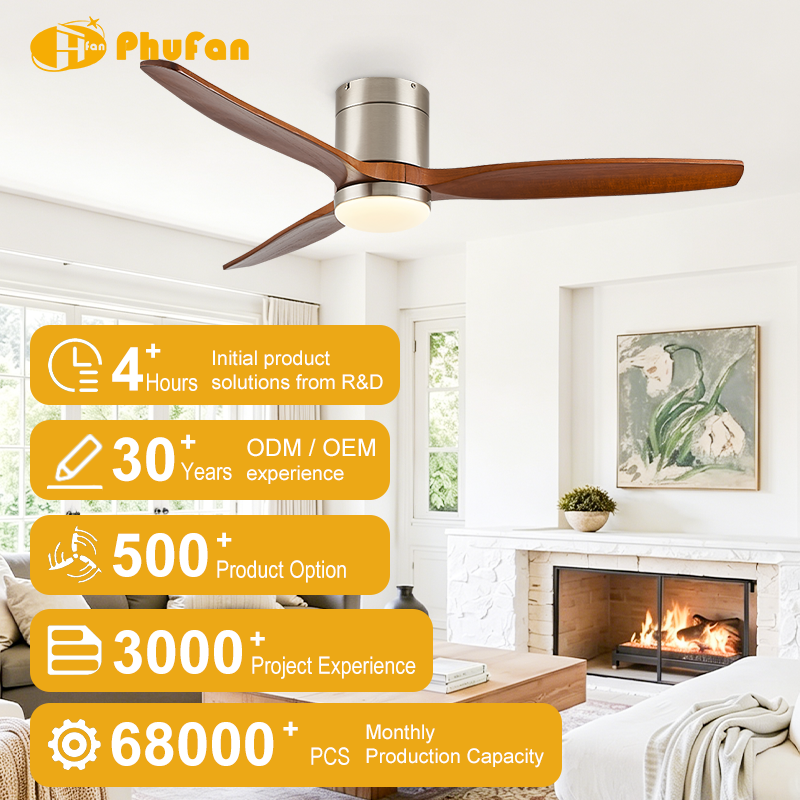 Flush mount contemporary ceiling fan with light, nickel housing and wood-tone blades in a room illustration.