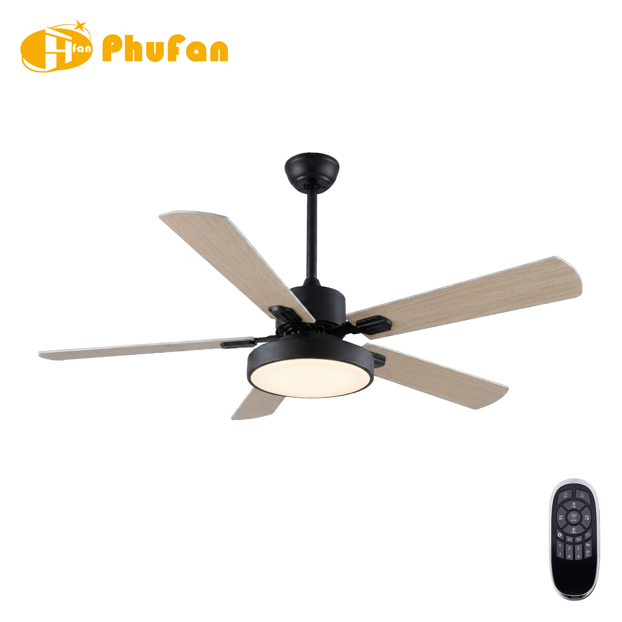 Five-blade fan with pale wood-grain blades, black downrod and a round LED light beside the remote.