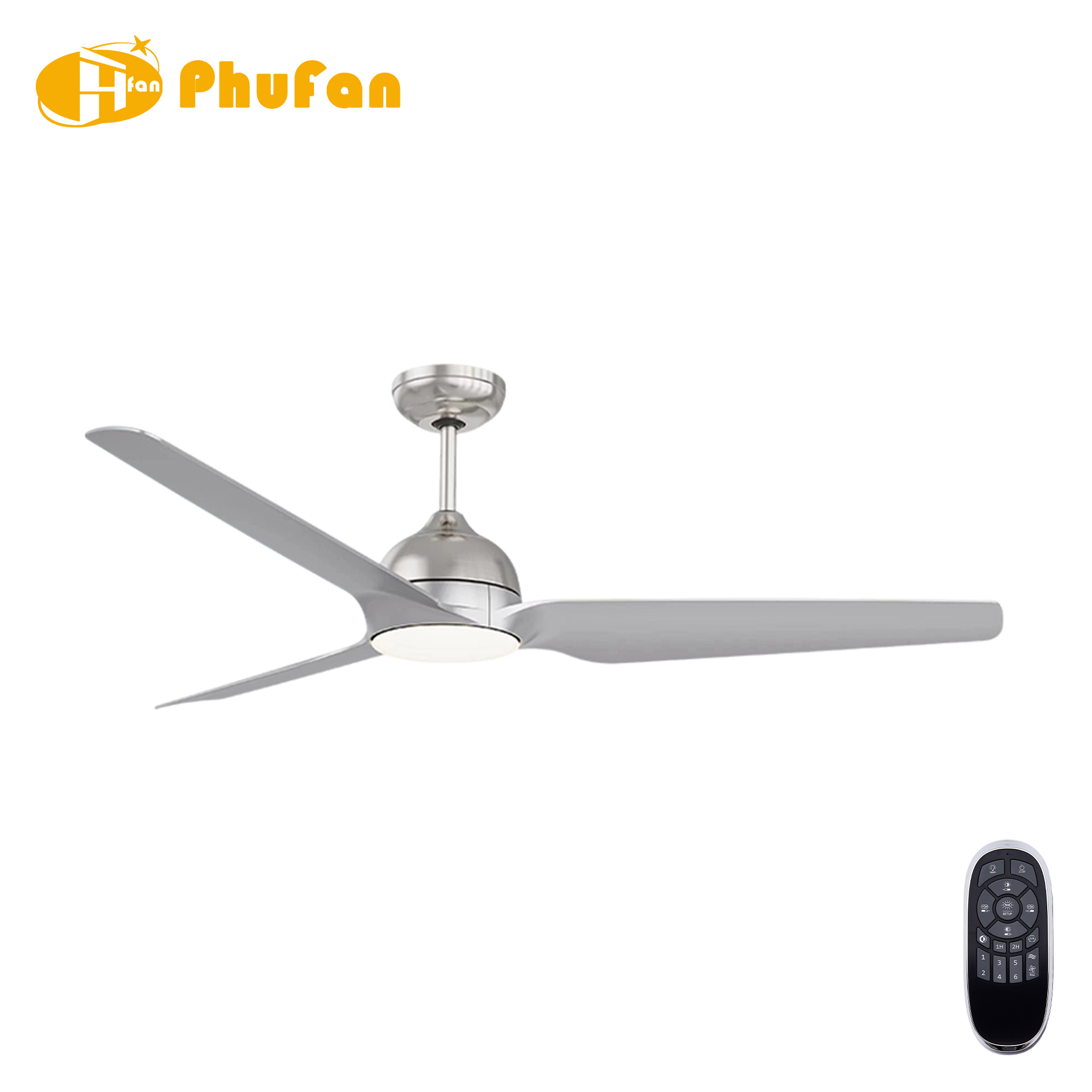 Silver fan light with three long, narrow ABS blades and a matching downrod, shown beside its remote.