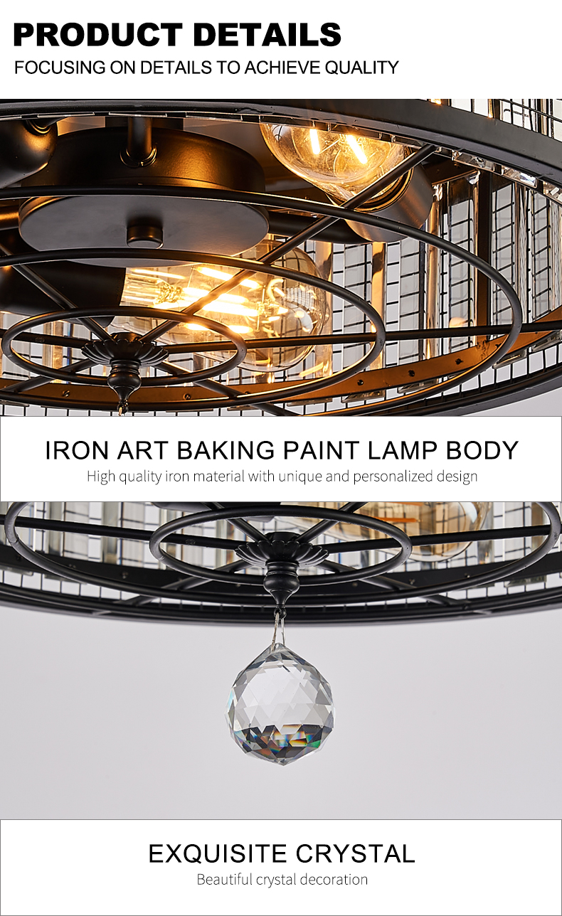 Mesh Crystal Retractable Fan Light Fixture Remote Dimmable Ventilation Lamp