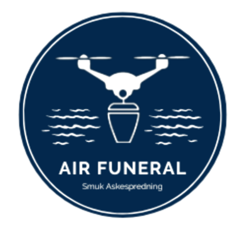 Rundt blaa logo med hvid drone, skrift Air Funeral Smuk Askespredning