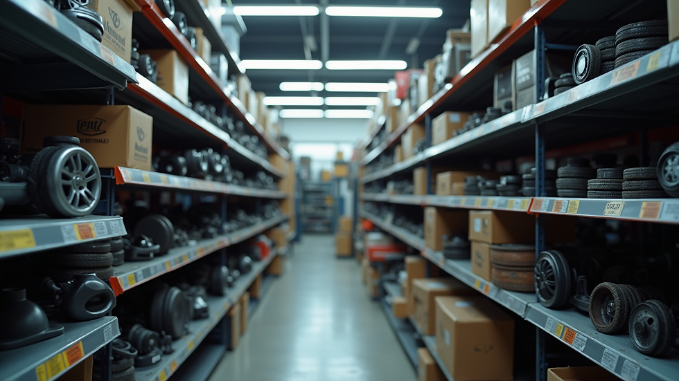 Eye-level view of shelves filled with car parts in an auto parts store