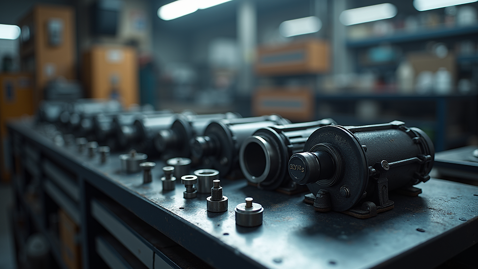 Close-up view of car engine parts arranged on a workbench