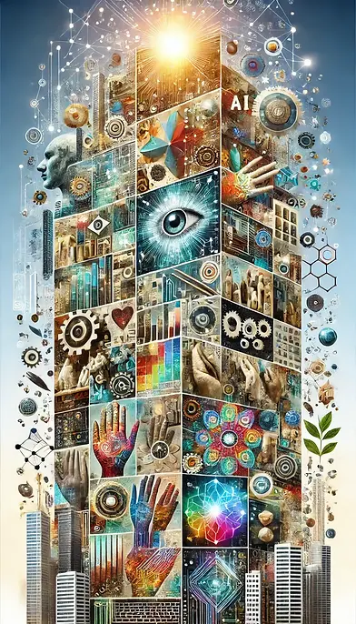 A tall digital collage representing the positive integration of AI as a tool for growth an