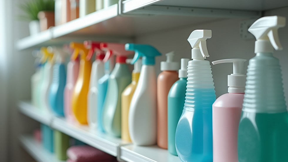 Close-up view of cleaning supplies arranged neatly on a shelf