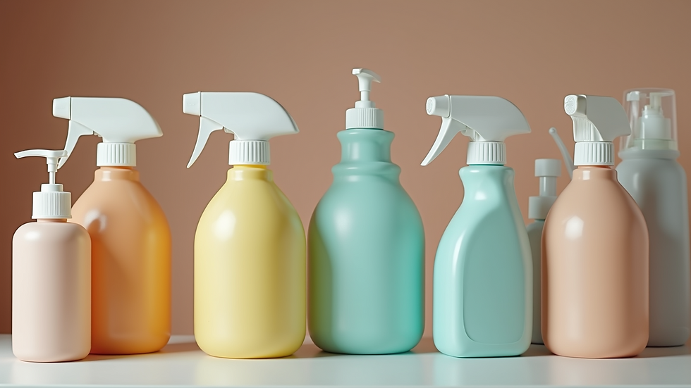 Close-up view of various cleaning bottles arranged on a shelf