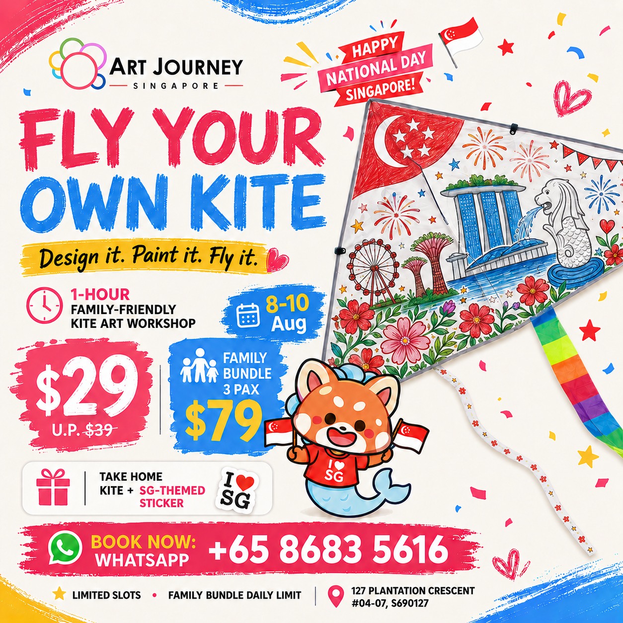 National Day Special: Art Jamming from $29/pax. Family Bundle 3 pax $79. 8–10 Aug only. Book via WhatsApp +65 8683 5616.