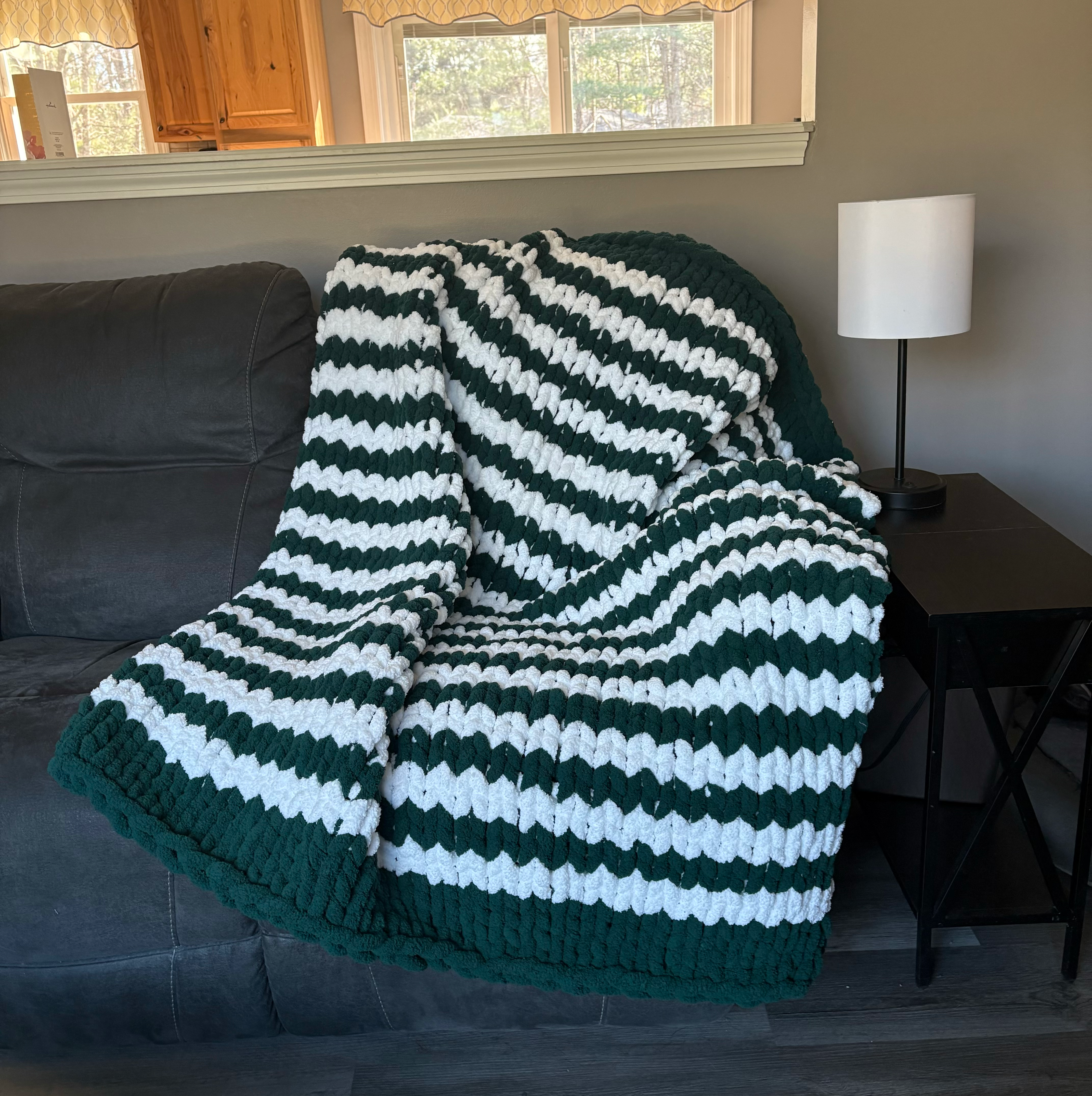 50"x60" Emerald & White Stripe Chunky Chenille blanket