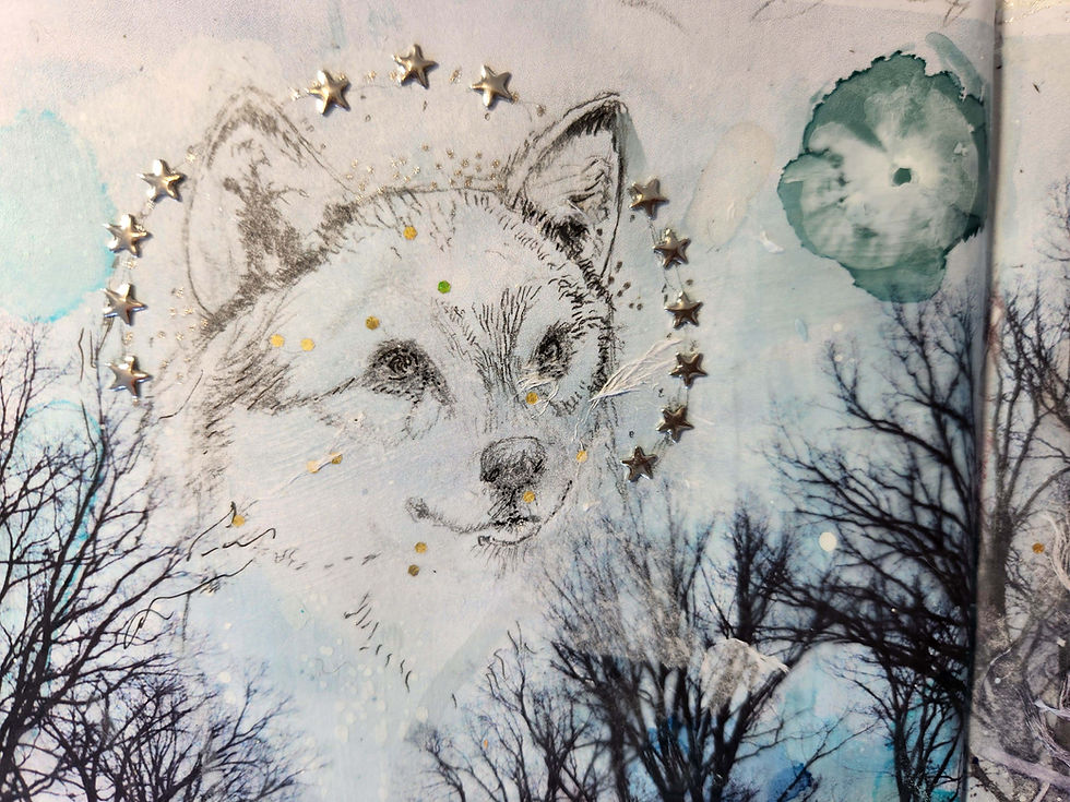 detail of a celestial guardian wolf from my mixed media art journal spread