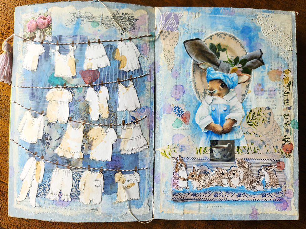 the clothes are now on the clothesline on this mixed media cover for volume 7 of my art journals.