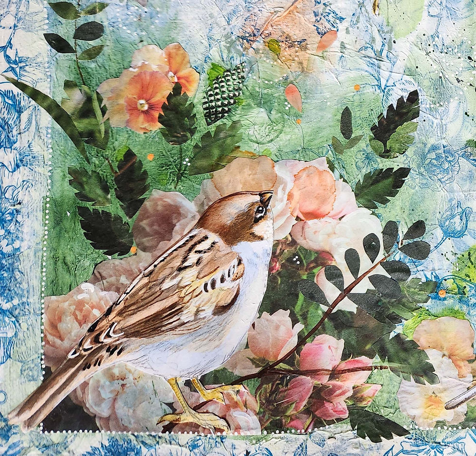 detail of a single sparrow from my mixed media art journal spread of sparrows in a garden of peach and apricot roses