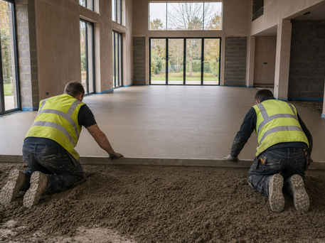 Sand and cement floor screed being laid on a UK building project