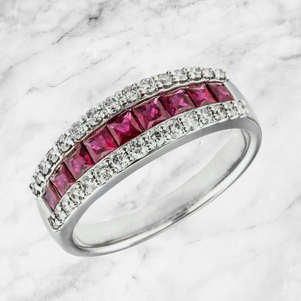 vvs1-Pour Vous 18k White Gold 0.85ct Natural Ruby w/ 0.34 TCW Diamond Band Ring