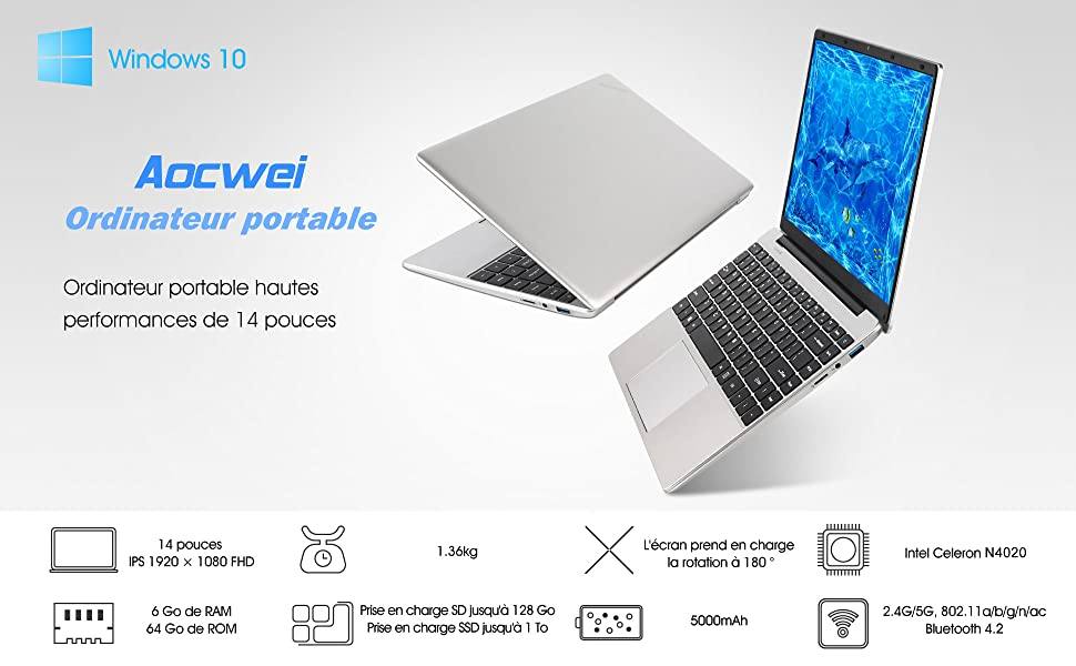 Le Aocwei 6GoRAM+64GoROM Windows 10 Écran 14" FHD 2.4G+5G WiFi Bluetooth 4.2 Batterie 5000 MAh