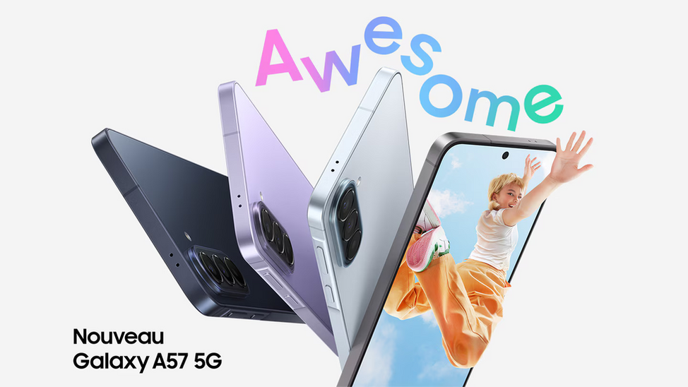 Le Samsung Galaxy A57 5G 8GoRAM+256GoROM Ecran 6.7"FHD+AMOLED 120Hz CPU Exynos 1680 batterie 5000mAh 45W Wifi 6E BT6.0 IP68 NFC triple caméra arrière 50+12+5MP selfie 12MP Android16 One UI 8.5