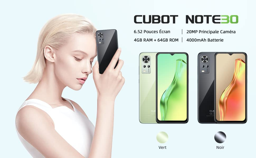 Le CUBOT Note 30 4G Android 12 4GoRAM+64GoROM 20MP+8MP Caméra Écran 6.52"HD+ 4000MAh bat 5G WiFi