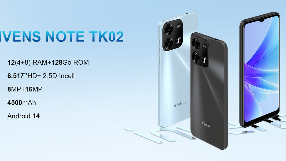 Le invens Note TK02 4G Android 14 Double SIM débloqué écran 6.52" HD+ 60Hz (4+8)GoRAM+128GoROM TF 256Go CPU Octa-Core Batterie 4500mAh caméra arrière 16MP Selfie 8MP Face ID BT4.2 USB C Jack 3.5