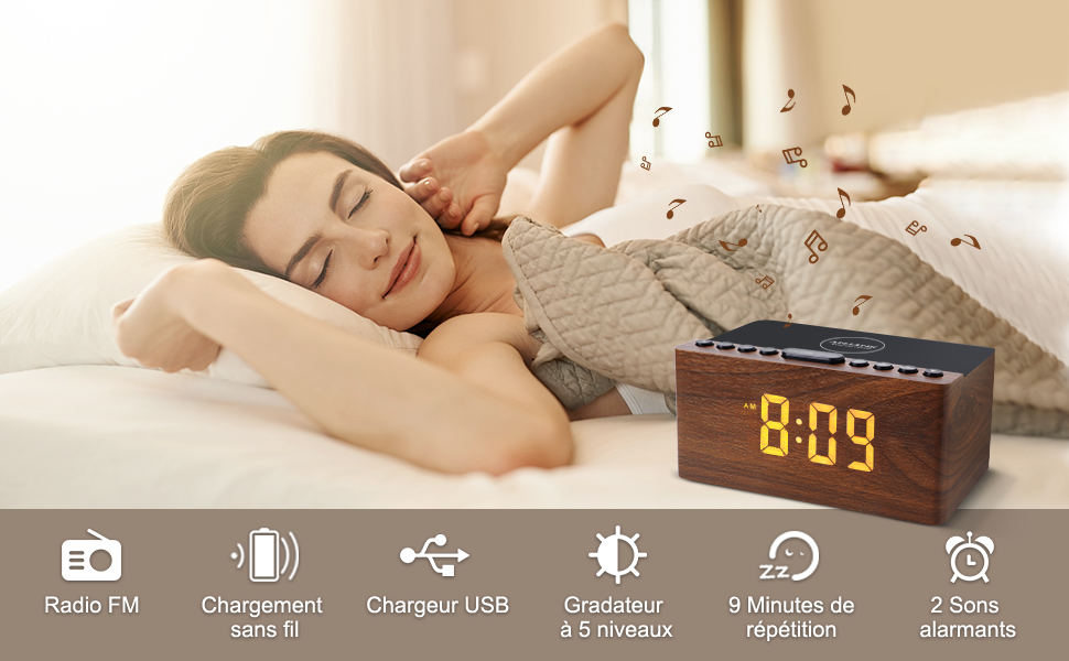 Le Radio Réveil Numérique en Bois avec Radio FM,Station de Charge sans fil Affichage LED