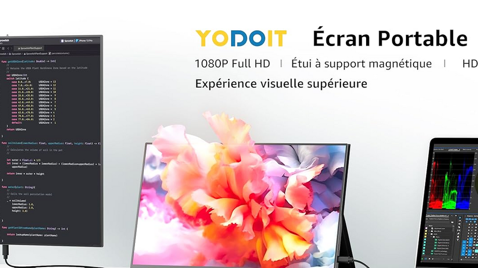 Le Yodoit Écran Portable 15.6" 1920 × 1080 FHD Moniteur IPS 100% SRGB Display HDMI USB Type C avec Haut-parleurs Intégrés pour PC/MacBook/Xbox/PS4 5/TV