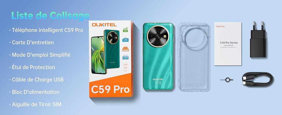 Le OUKITEL C59 Pro Android 15 4G Batterie 10000mAh 120 Lumens (8+16)GoRAM+256GoROM/TF 1To Écran 6.88" HD+90Hz CPU UNISOC T606 caméra arrièrz13MP selfie 5MP Dual SIM 4G,Fingerprint/Face ID/GPS