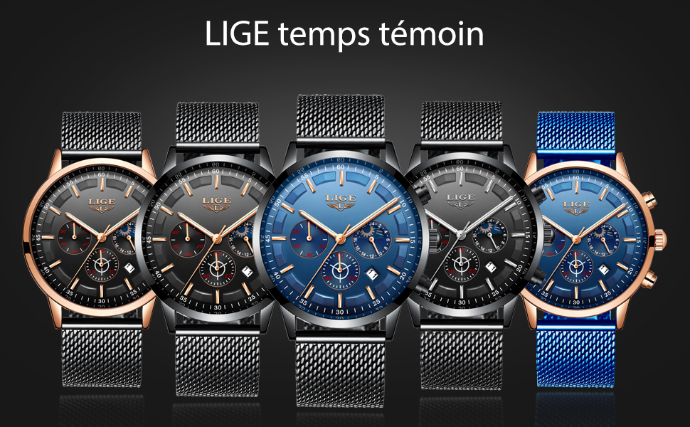 La LIGE Hommes Montres Mode Noir Acier Inoxydable Imperméable Chronographe Quartz Analogique
