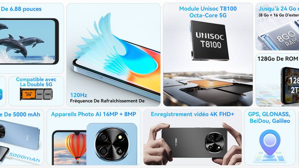 Le OSCAL Tiger 8 5G (8+16)GoRAM+128GoROM/2TB TF Android 15 CPU Unisoc T8100 NFC Dual SIM Écran 6.88"HD+120Hz batterie 5000mAh/15W Caméra AI16MP selfie 8MP Face ID