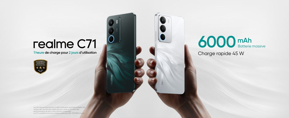 Le realme C71 4G ecran 6.67"HD+120 Hz 8GoRAM+256GoROM Android 15 CPU UNISOC T7250 batterie 6000mAh 45W caméra arrière 50MP selfie 5MP BT 5.2 Dual Wi-Fi 2.4/5 GHz 802.11 a/b/g/n/ac 