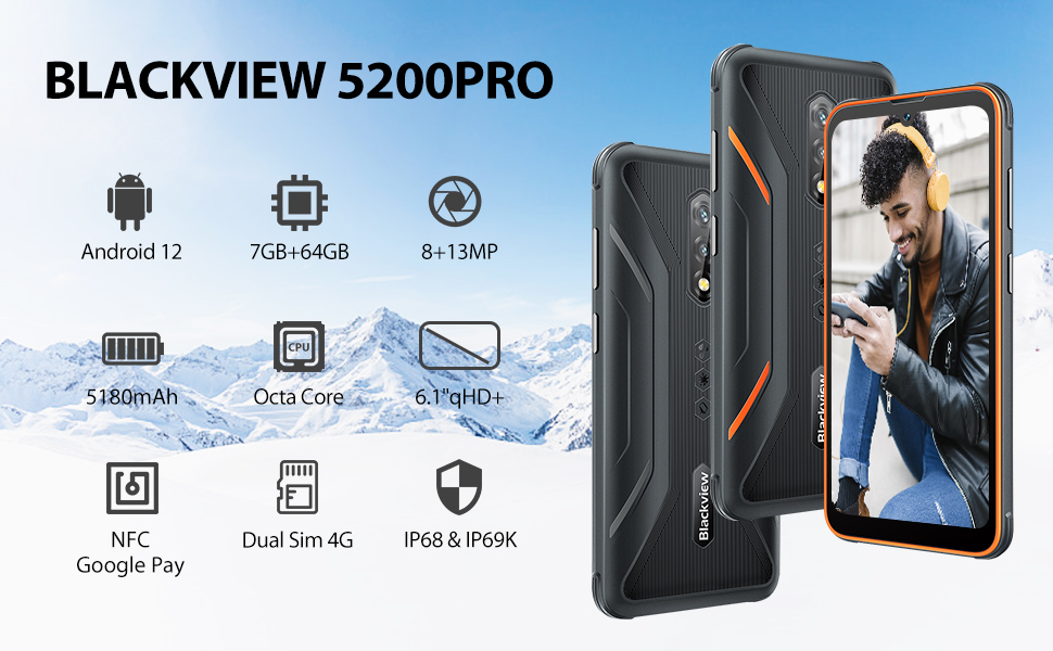 Le Blackview BV5200 Pro 4G Incassable Android 12 Écran 6.1" HD+7Go RAM+ 64GoROM 5180mAh Cam 13MP+8MP