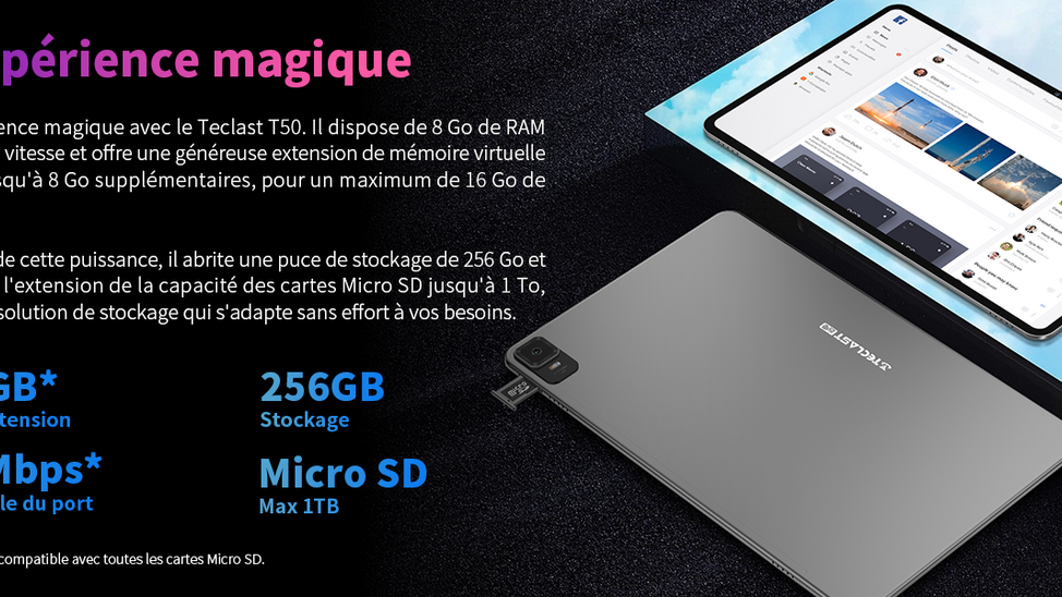 La TECLAST T50 4G Écran 11" 2K 6GoRAM+256GoROM(TF 1To)Android 13 CPU T616 7500mAh/18W/20MP+8MP Cam
