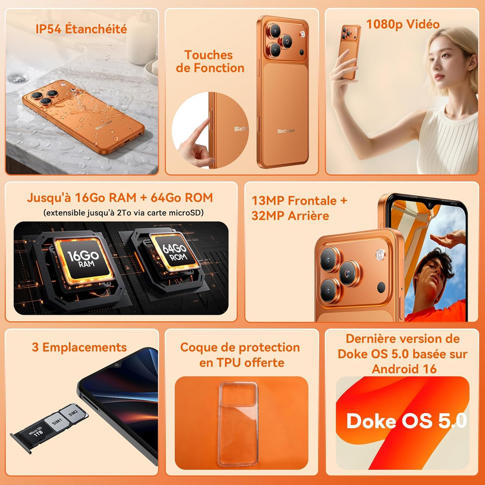 Le Blackview Wave 7C 4G Android 16 (4+12)GoRAM+64GoROM/2To Caméra arrière 32MP selfie13MP batterie 5000mAh Écran 6.56" 4G Dual SIM/WiFi 5G/GPS/IP54/3 Card Slots/3.5mm/FM/ CPU UnisocT310 3Ans Garantie