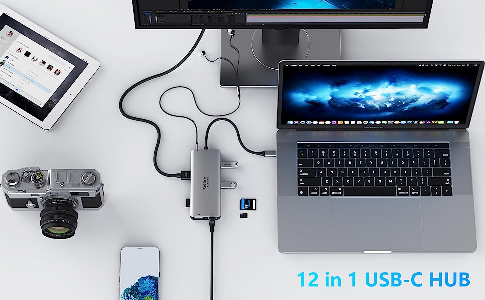 Le Hub USB C HDMI 12-en-1 vers Dual HDMI et VGA, Ethernet RJ45, PD 100W Port Audio Carte SD/TF 4 USB