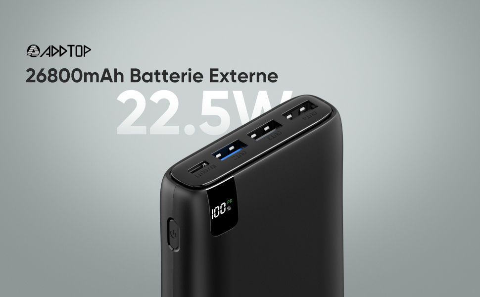 La A ADDTOP Batterie Externe 26800mAh, 22.5W Batterie Portable USB C 20W PD Power Delivery avec Écran LCD Power Bank avec 4 Ports USB pour Smartphone, Tablettes et Autres (Black) 